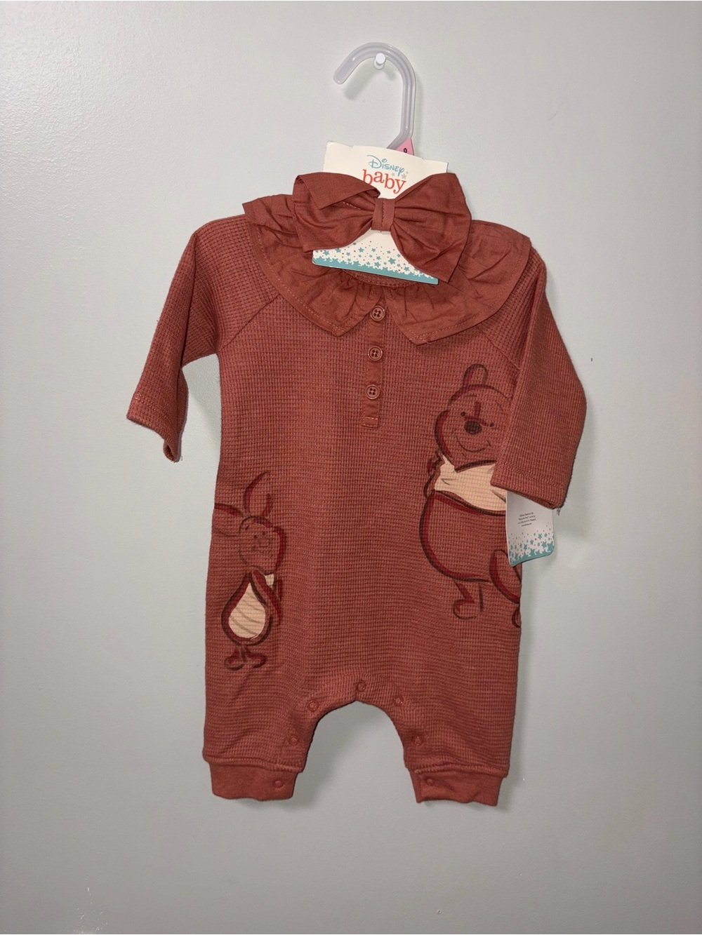 Disney Baby Winnie the Pooh & Piglet Waffle Knit Romper Headband Set NWT 0-3M